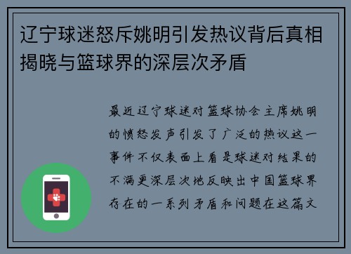 辽宁球迷怒斥姚明引发热议背后真相揭晓与篮球界的深层次矛盾