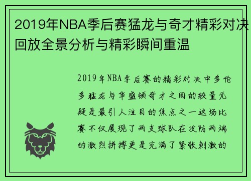 2019年NBA季后赛猛龙与奇才精彩对决回放全景分析与精彩瞬间重温